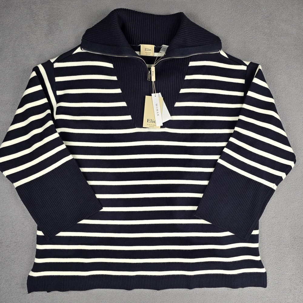 Elie Tahari Woman Sweater Womens 1X Navy Ivory Striped‎ Half Zip Funnel Collar